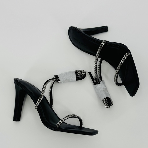 Rebecca Minkoff Edie Chain Strappy Black Heels Size 7.5 Leather Square Toe - Picture 9 of 11